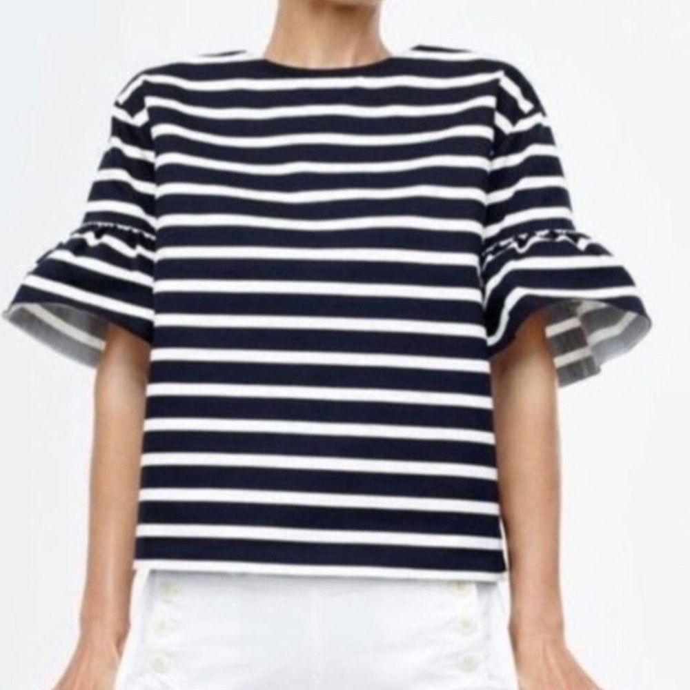 J Crew Womens Mariner Ruffle Sleeve B/W Stripe Oversized Shirt Size Small